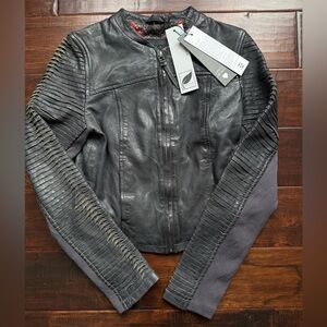 NWT Bano eeMee Handcrafted Genuine Leather Moto Jacket with Spliced Ribbed Sleev